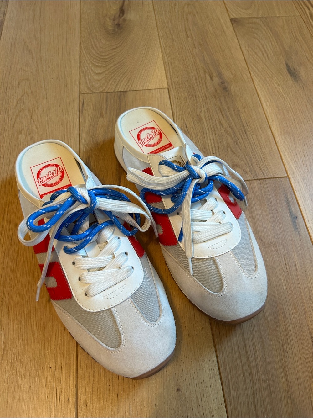 BACK70 White and Red Women's Slip-On Sneaker Mule with Blue Laces